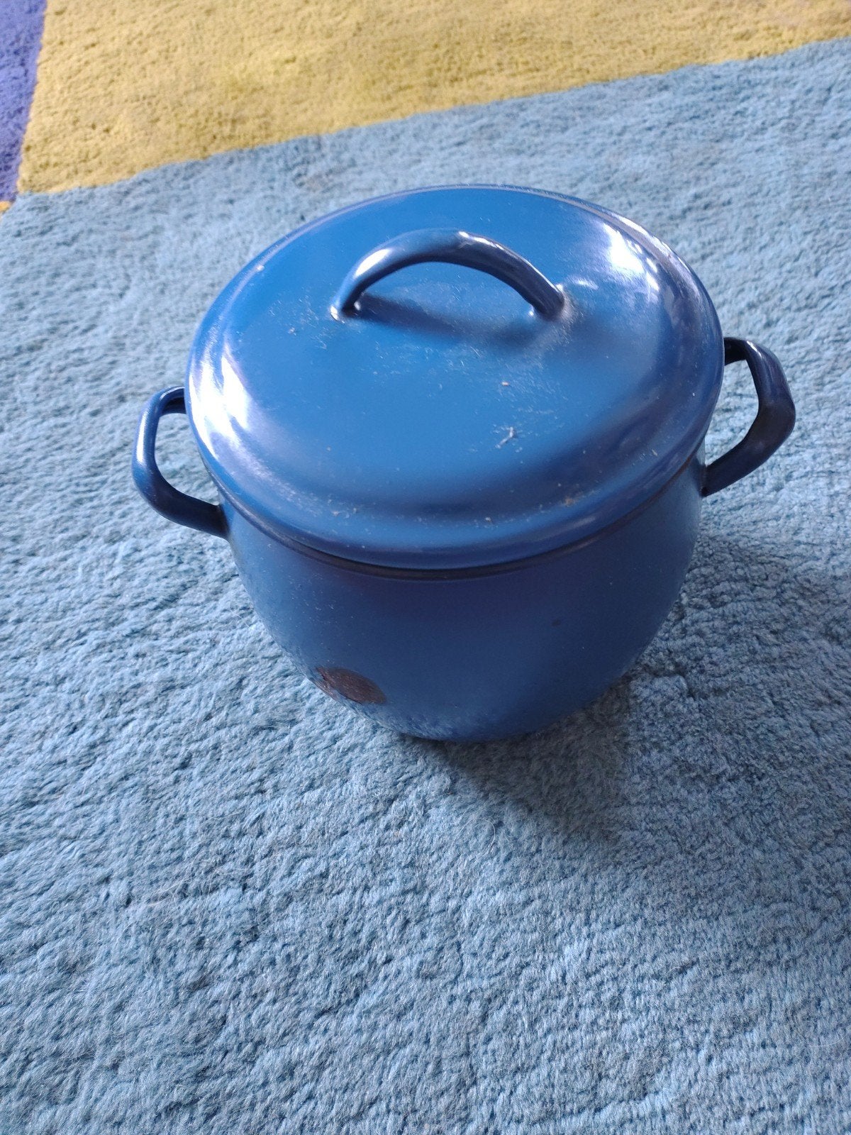 Vintage blauwe emaille pan met deksel - 15 cm, Antiek en Kunst, Ophalen of Verzenden
