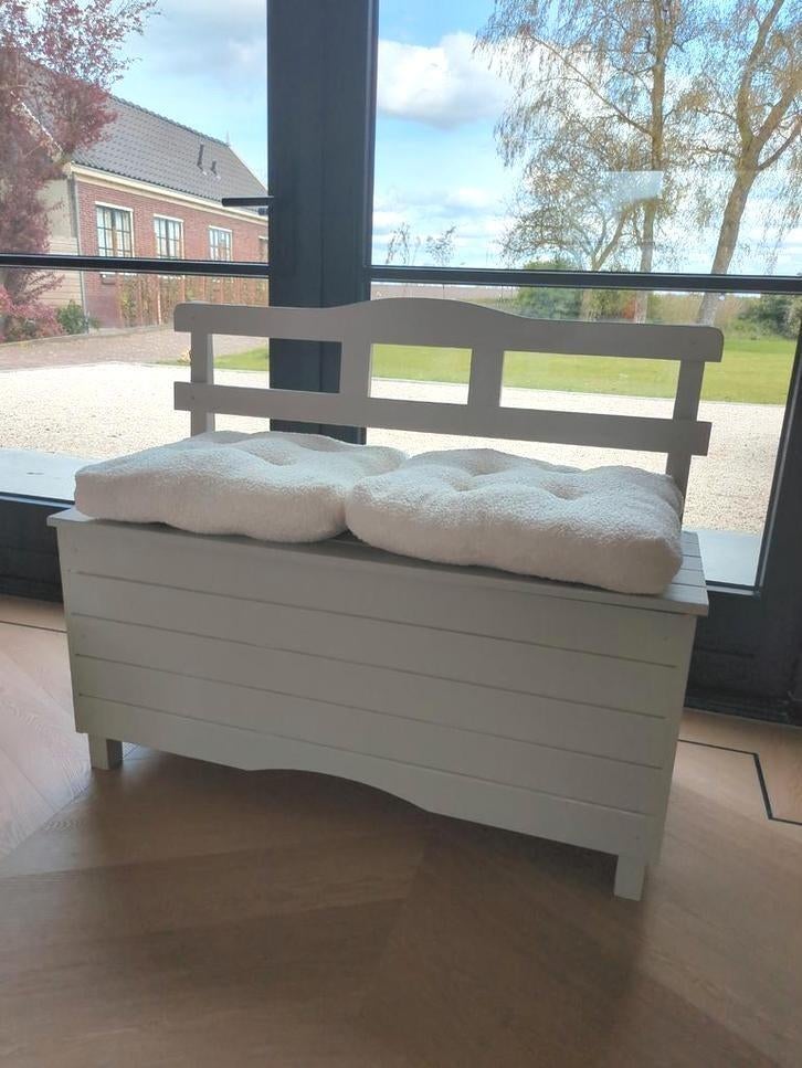 Nieuw geschilderd -Greige houten kinderbank met opbergruimte, Ophalen, Minder dan 150 cm