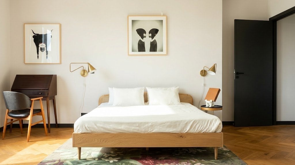 La Redoute Eiken & Rotan Bed 160x200 + GRATIS Matras, Gebruikt, Beige, Ophalen of Verzenden, 200 cm