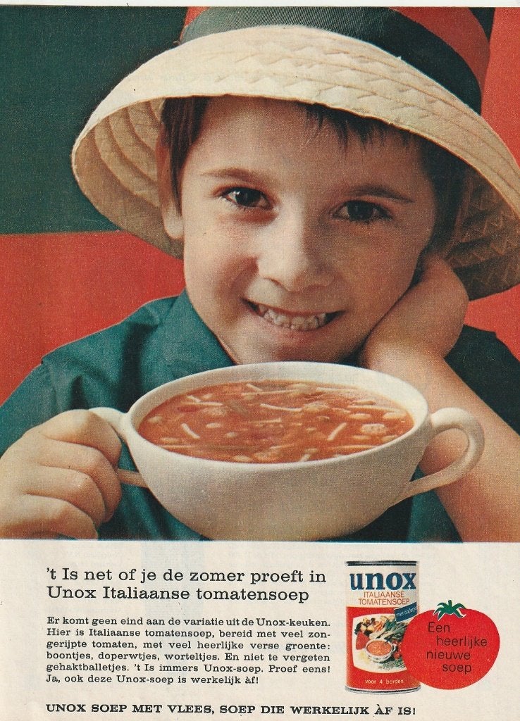 Retro reclame 1966 Unox soep jongetje met hoedje, Verzenden, Overige typen
