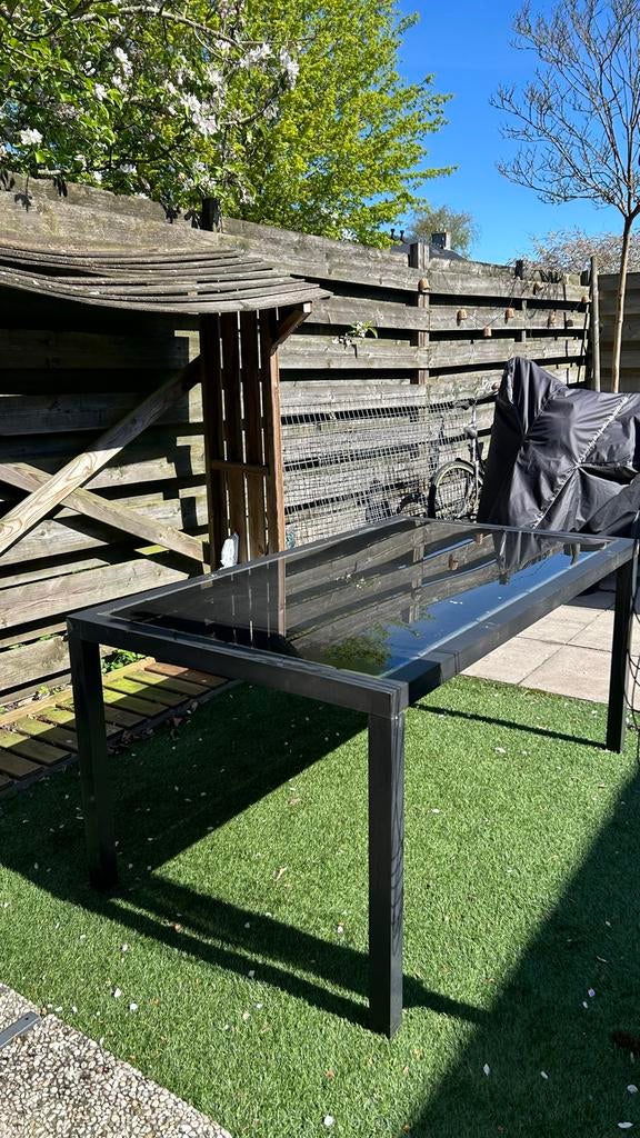 Moderne tuintafel met glazen blad, Tuin en Terras, Ophalen, Gebruikt, Rechthoekig, Metaal