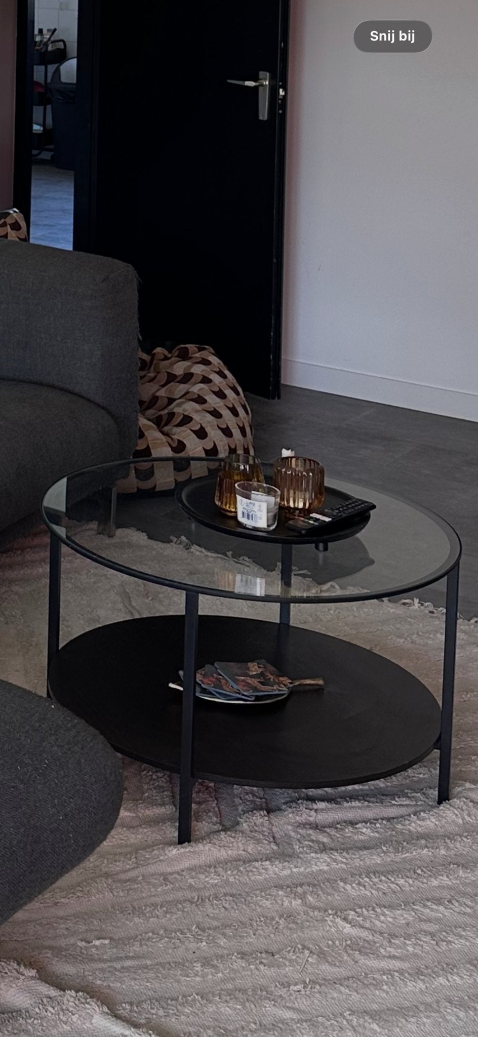 Salontafel met glazen en houten blad - Goede staat, Huis en Inrichting, Ophalen, Zo goed als nieuw, Ovaal, Glas