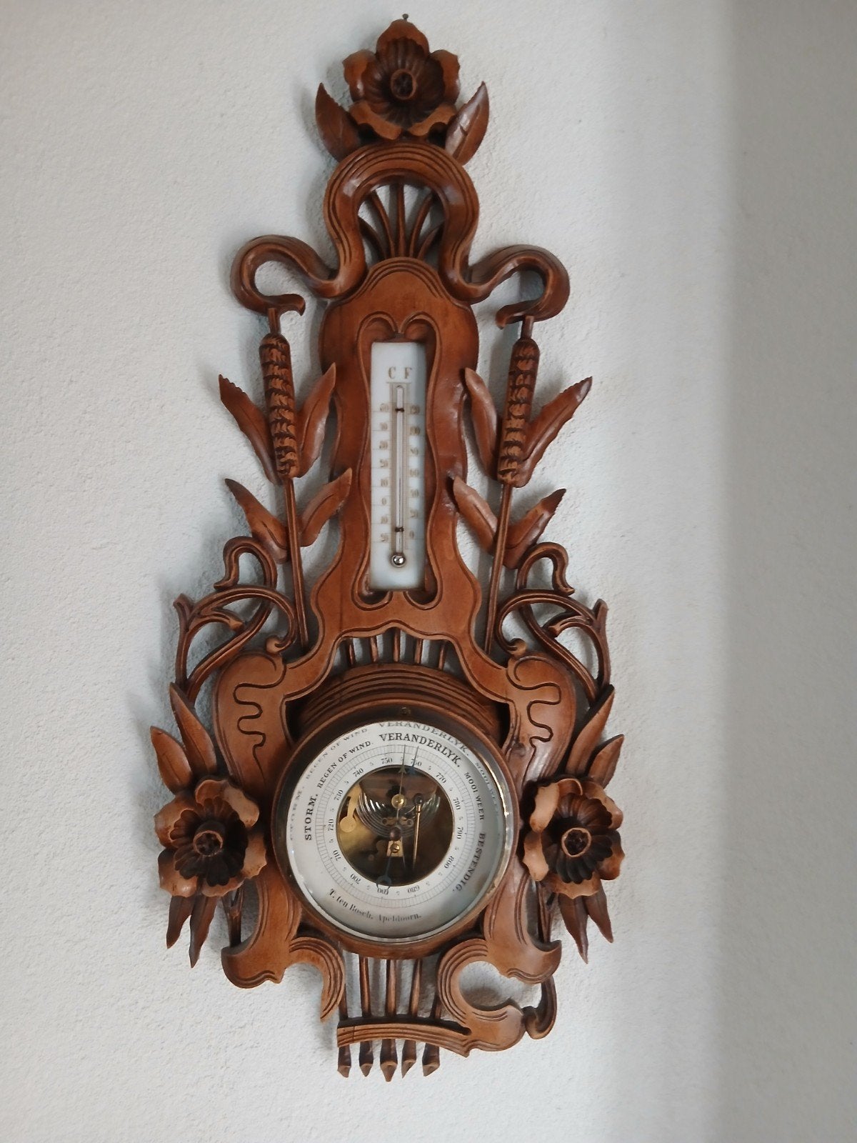 Antieke Barometer/Weerstation - Houtsnijwerk - T. ten Bosch, Audio, Tv en Foto, Weerstations en Barometers, Ophalen of Verzenden