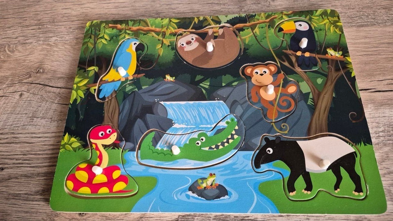 Houten Dierenpuzzel - Jungle Avontuur voor Peuters, 2 tot 4 jaar, Ophalen of Verzenden, Zo goed als nieuw, Van hout
