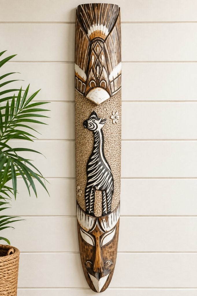 Houten Afrikaans masker met zebra - Wanddecoratie, Afrika, 100 cm, Handgemaakt, Meerkleurig
