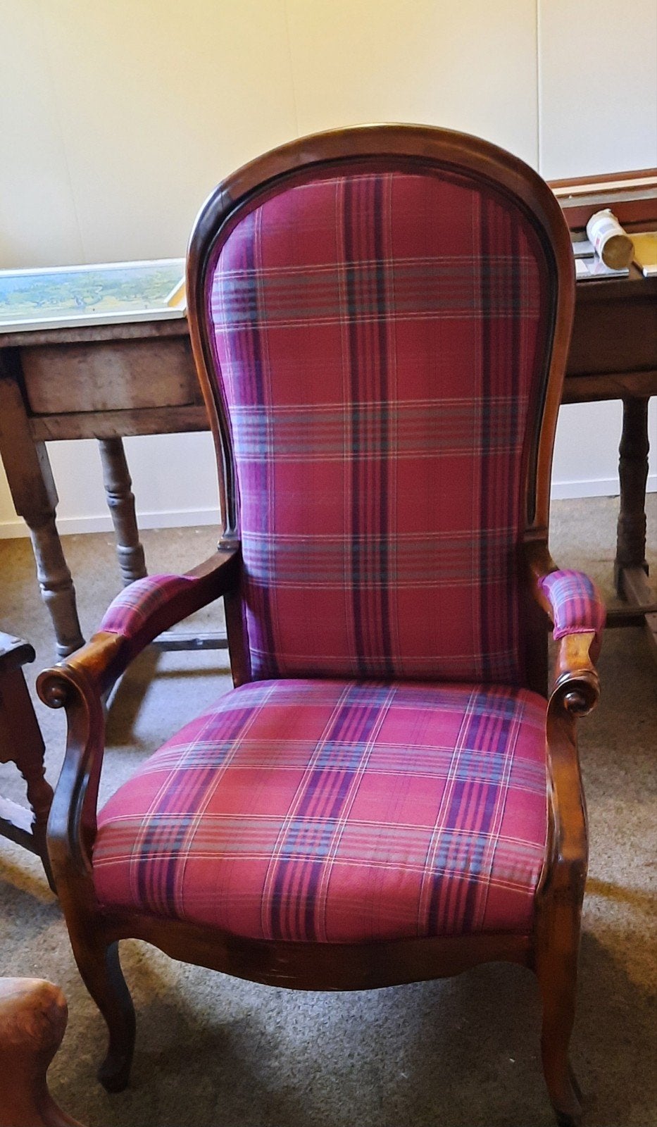 Antieke fauteuil met Schotse ruit bekleding, Antiek en Kunst, Ophalen