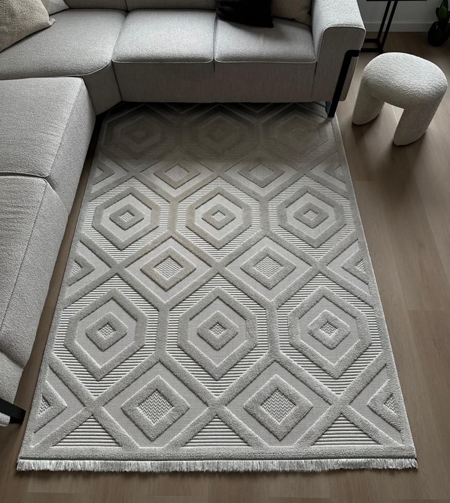 beige/creme vloerkleed met geometrisch patroon 160x220, Ophalen, 150 tot 200 cm, 200 cm of meer, Zo goed als nieuw