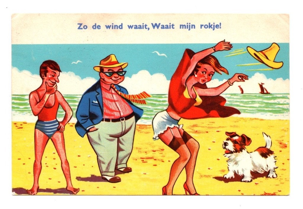 Oude Ansichtkaart Strand Humor Wind Rokje Gelopen 1963, Ophalen of Verzenden, 1960 tot 1980, Gelopen, Overige thema's