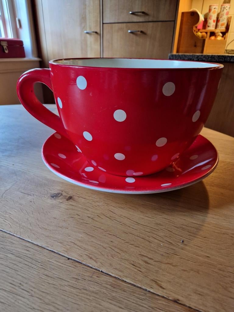 BLOEMPOT FRUITSCHAAL ROOD MET WITTE STIPPEN XXL KOP&SCHOTEL, Ophalen of Verzenden