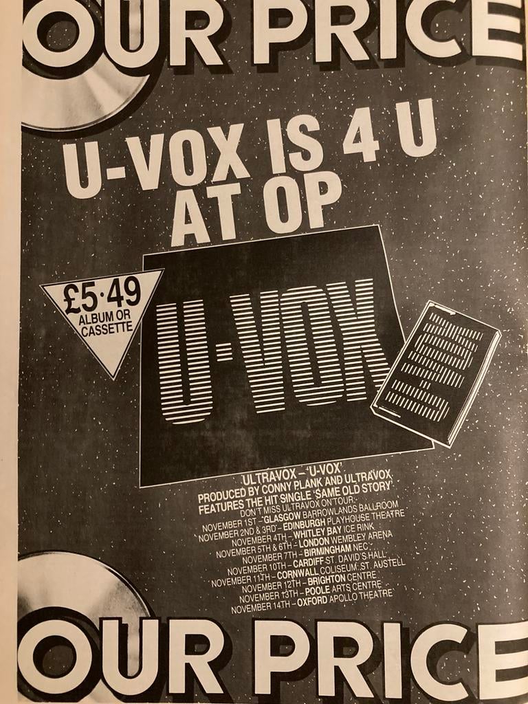 Paginagrote A3 advertentie ULTRAVOX U-Vox release tour, Verzamelen, Ophalen of Verzenden, Zo goed als nieuw, A1 t/m A3