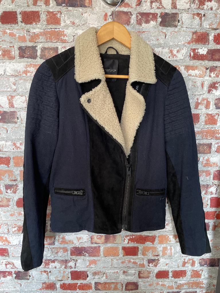 Maison Scotch biker jack blauw zwart small 36 suede, Blauw, Zo goed als nieuw, Maat 36 (S), Maison Scotch