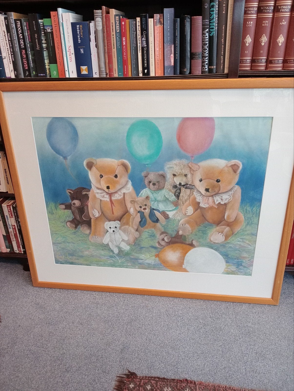 Schilderij met Teddyberen en Ballonnen, Antiek en Kunst, Kunst | Schilderijen | Klassiek, Ophalen of Verzenden