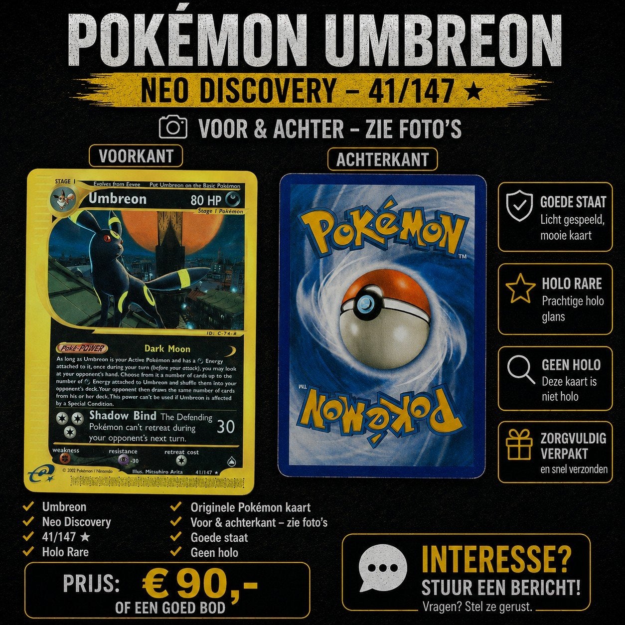Pokémon Umbreon Neo Discovery 41/147 non Holo Rare, Ophalen of Verzenden, Zo goed als nieuw