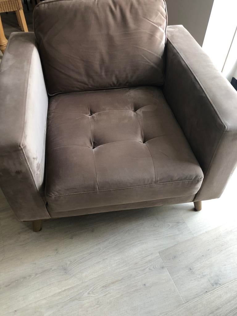 Riviera Maison stoel + ovale poef/voetenbank, Huis en Inrichting, Fauteuils, Ophalen, Gebruikt, 75 tot 100 cm, Stof