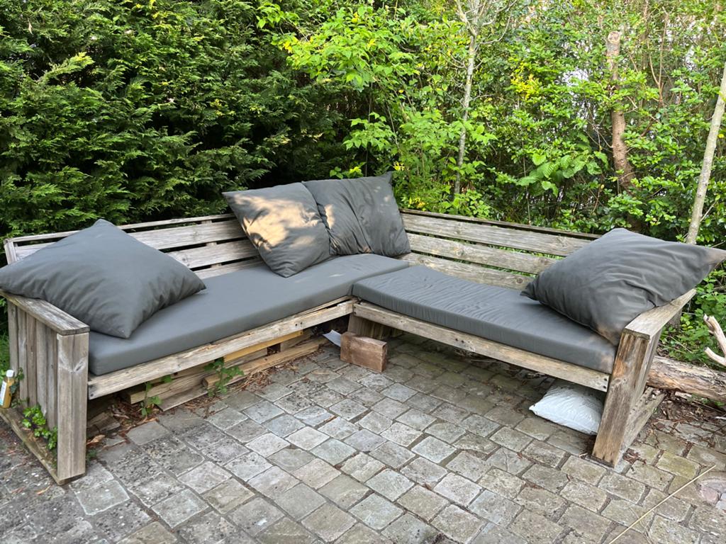 Steigerhouten Loungeset met All-Weather Kussens (220x220), Tuin en Terras, Tuinsets en Loungesets, Ophalen, Gebruikt, 6 zitplaatsen
