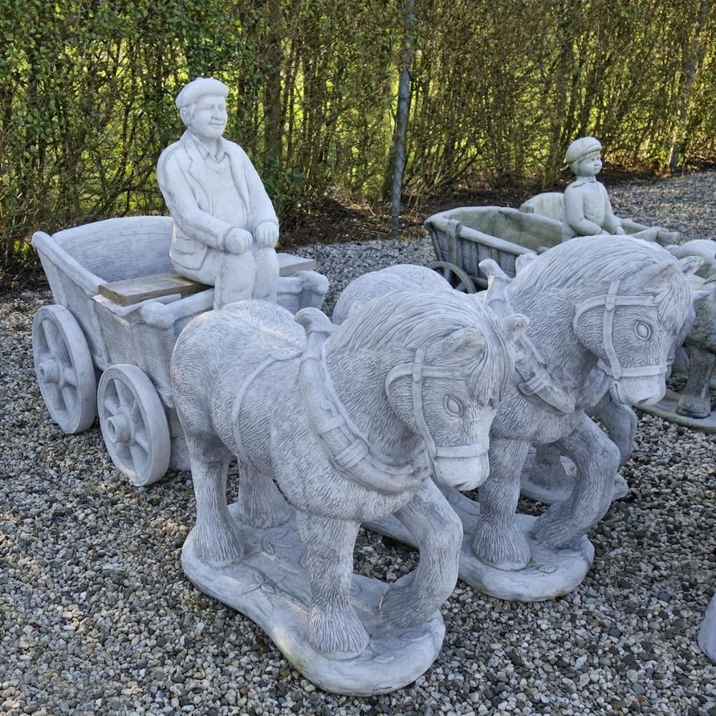 Paard en kar beton tuinbeeld ook losse paarden en wagen, Ophalen, Nieuw, Beton, Dierenbeeld