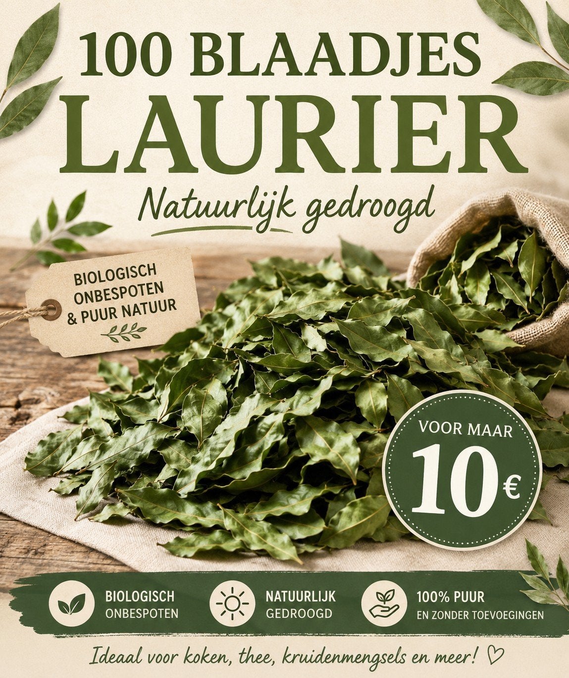 Biologische laurierblaadjes  Onbespoten! 100 stuks, Ophalen of Verzenden