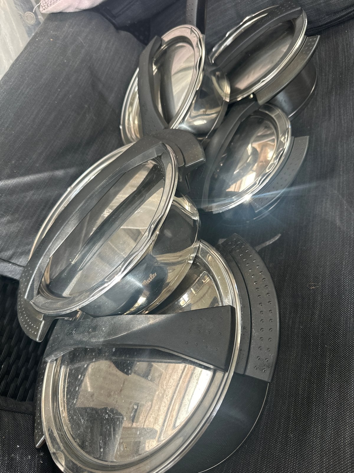 Fissler pannenset met deksels - RVS, Ophalen, Gebruikt, Met deksel, Pannenset