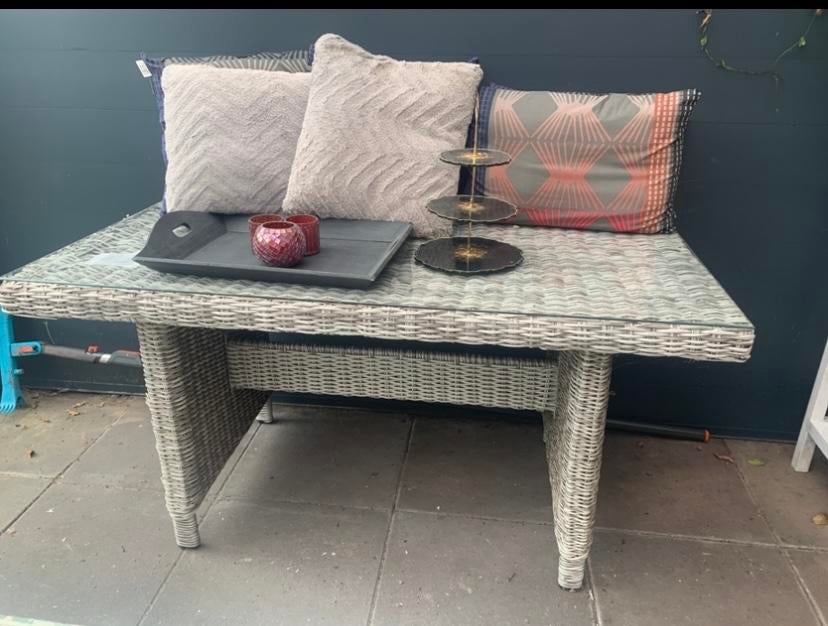 Wicker tuintafel met glazen blad, Tuin en Terras, Tuintafels, Ophalen, Gebruikt, Rechthoekig, Wicker