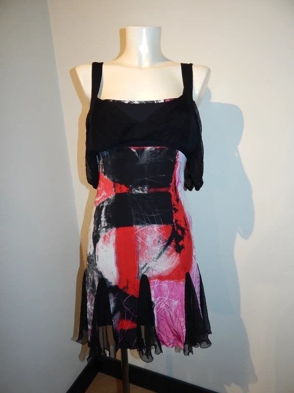 Legatte fijne jurk kleurrijke print en zwart heel apart M, Kleding | Dames, Maat 38/40 (M), Legatte, Zo goed als nieuw, Knielengte