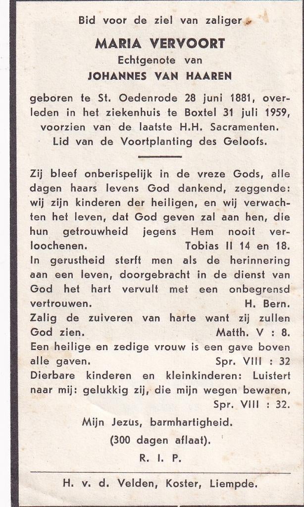 Vervoort Maria 1881 St Oedenrode 1959 Boxtel, Ophalen of Verzenden, Bidprentje
