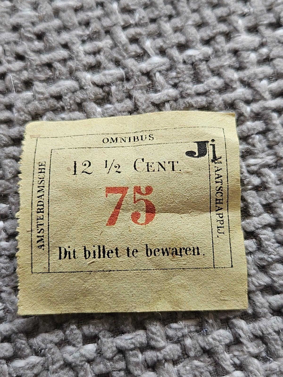 Amsterdams Omnibusticket 12 1/2 Cent zeldzaam, Verzamelen, Spoorwegen en Tramwegen, Gebruikt, Ophalen of Verzenden