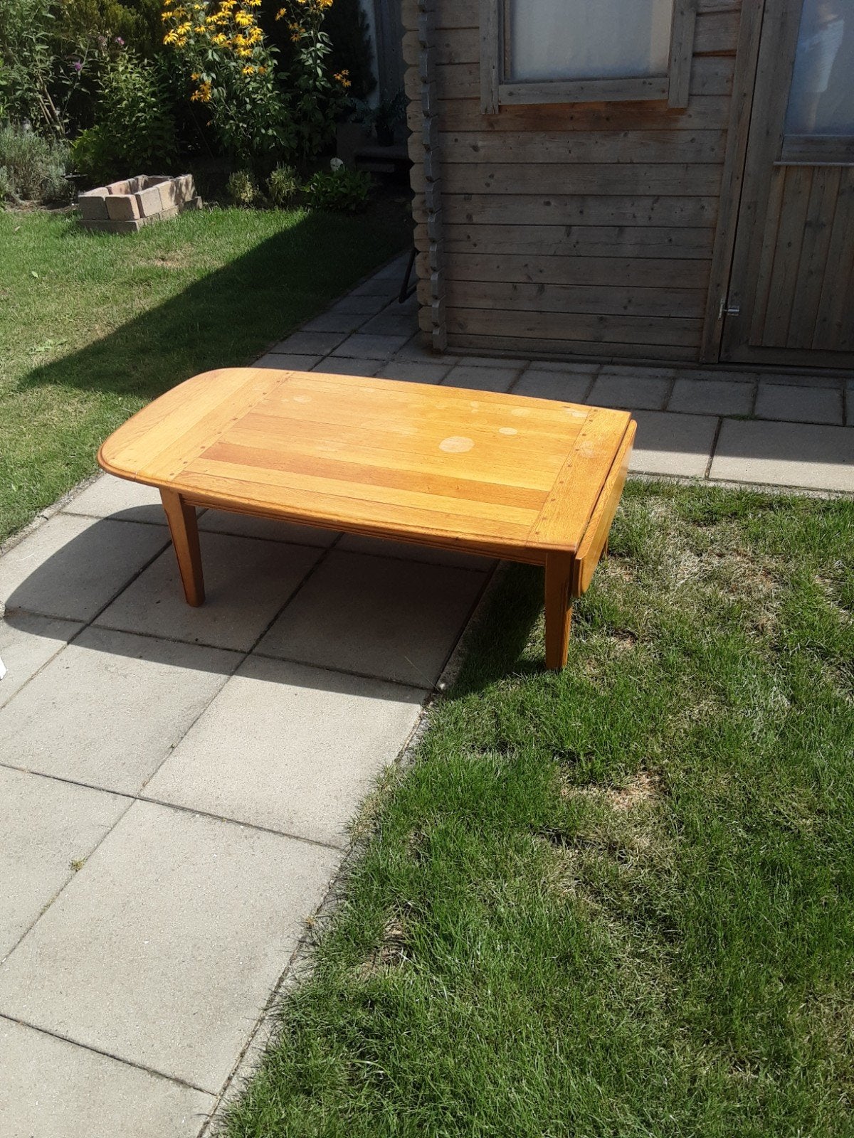 Houten salontafel met uitklapbare zijkanten, Huis en Inrichting, Tafels | Salontafels, Ophalen, Gebruikt, 100 tot 150 cm, Klassiek