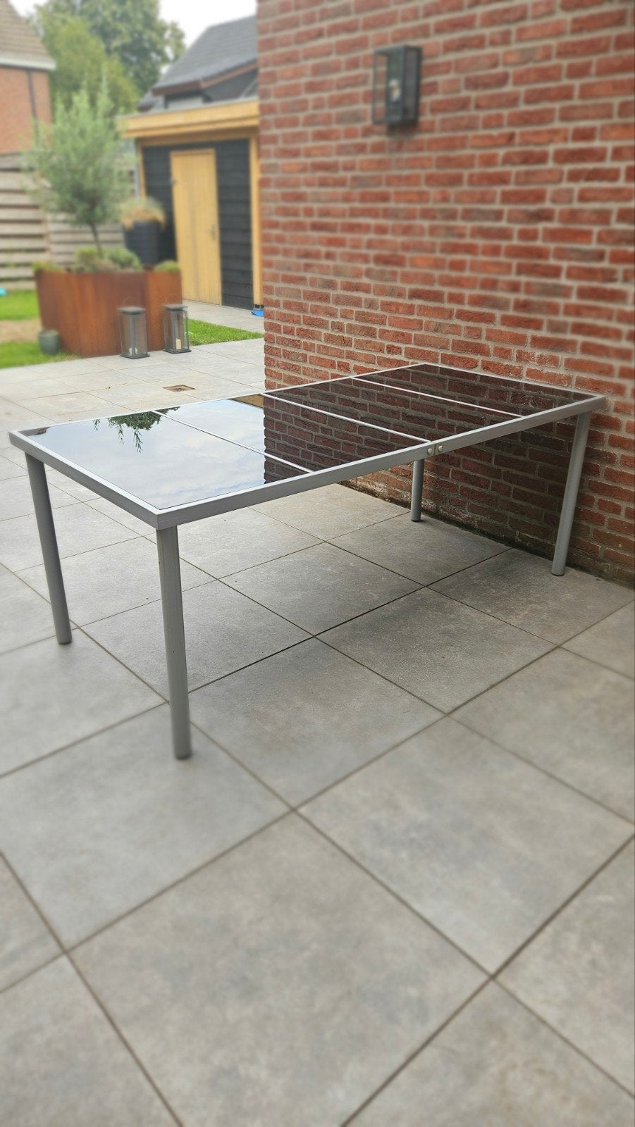 Tuintafel glazen blad, Ophalen, Gebruikt, Rechthoekig, Metaal