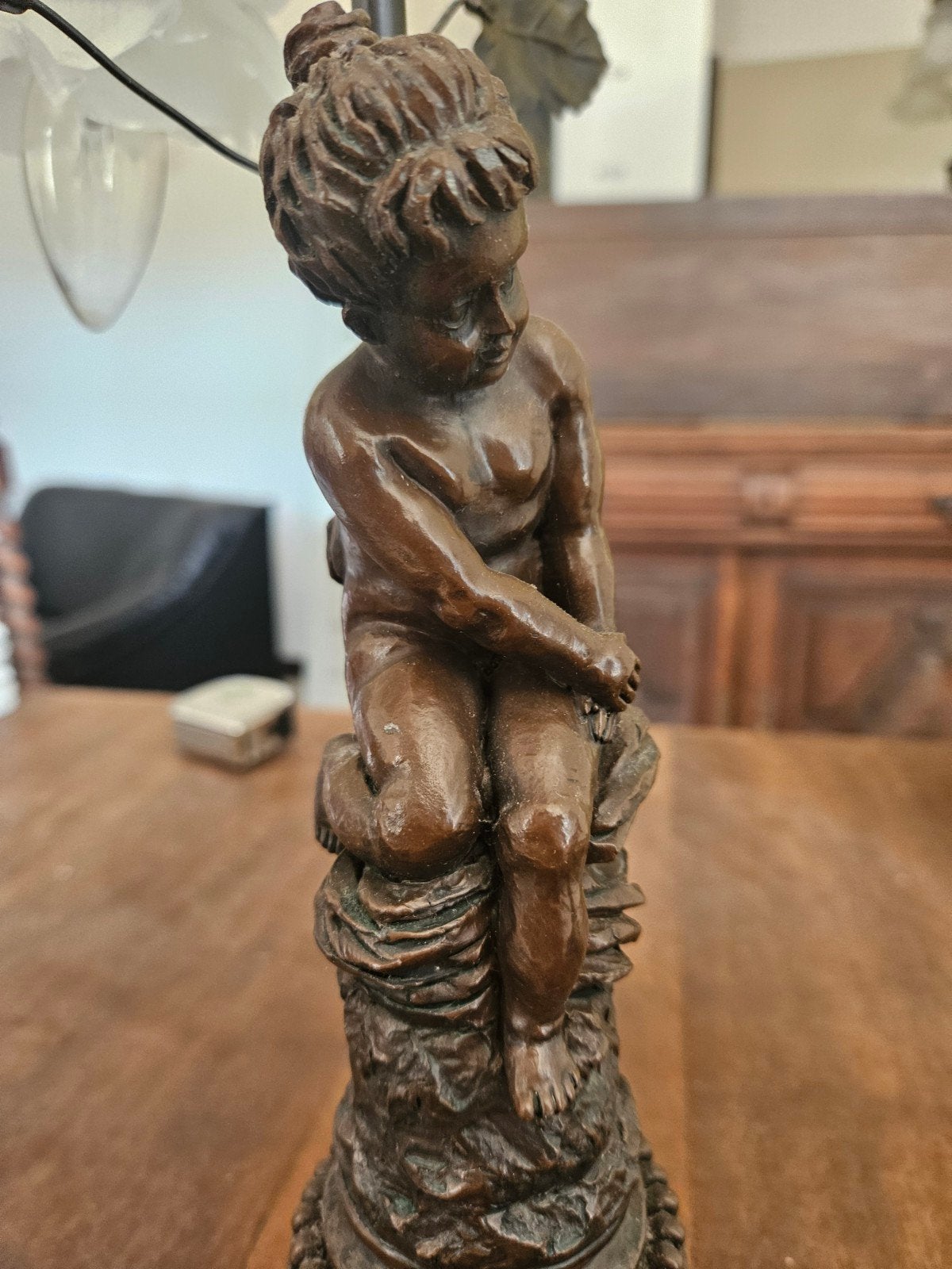 Antieke tafellamp met cherubijn figuur, Ophalen of Verzenden