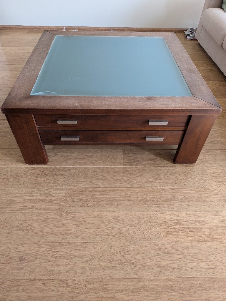 Salontafel massief notenhout  >  Gratis!, Huis en Inrichting, Tafels | Salontafels, Ophalen, Gebruikt, Glas, Vierkant
