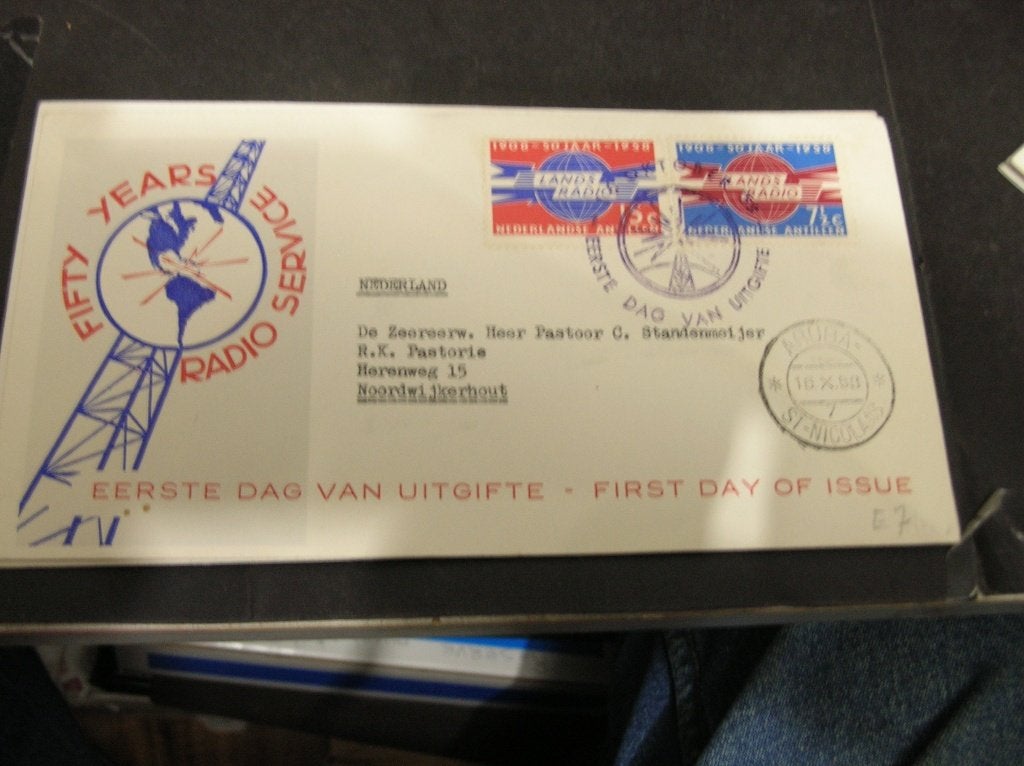 FDc Ned Antillen 1958 50 jaar landsradio, Ophalen of Verzenden, Gestempeld
