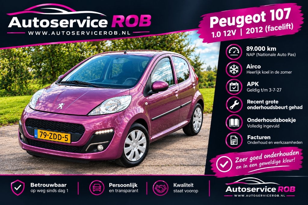 Peugeot 107 1.0 12V 5DR Facelift | 2012 | 89.330km | Airco, Voorwielaandrijving, Euro 5, Stof, Metallic lak