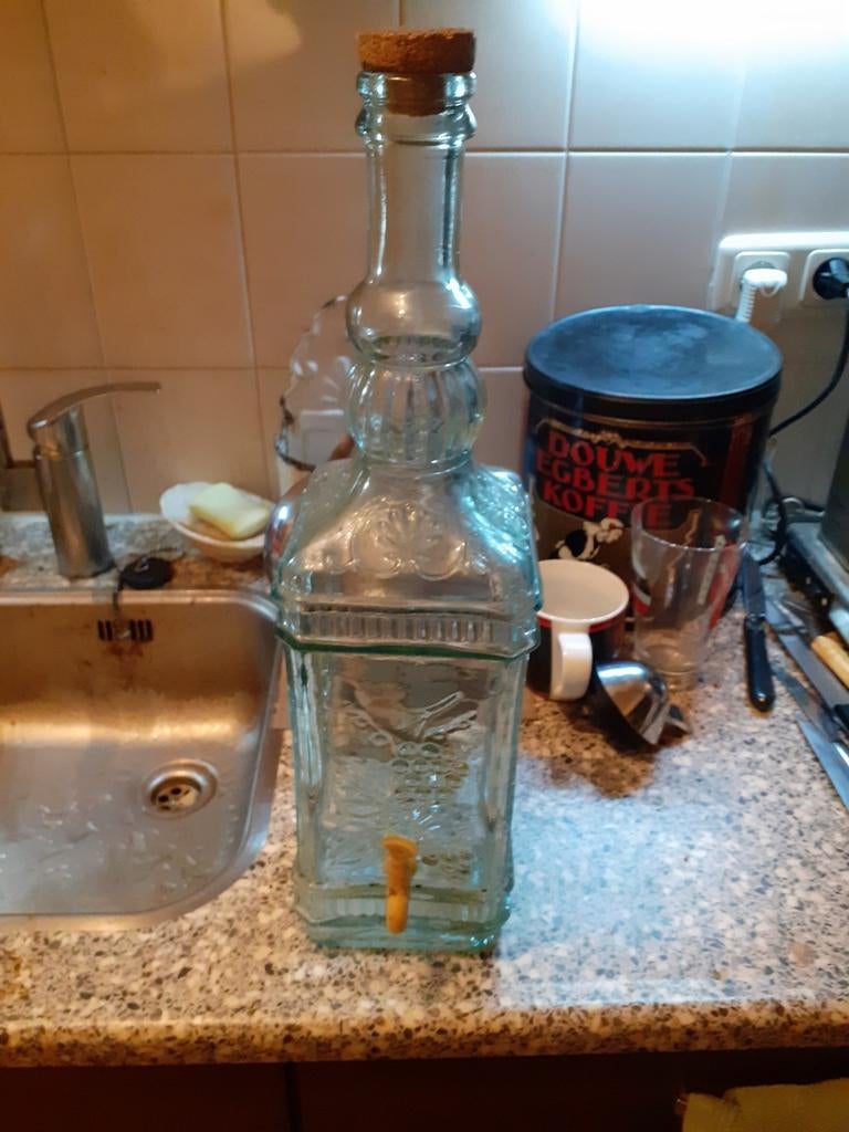 Oude brocante Franse grote glazen wijn tap fles, Antiek en Kunst, Ophalen of Verzenden