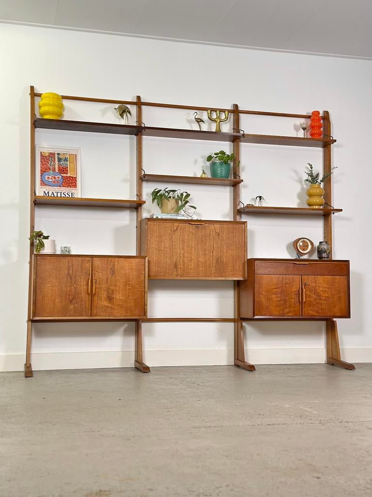 Vintage design modulair wandmeubel eiken hout jaren 50/60, Huis en Inrichting, Kasten | Wandmeubels, Ophalen, Gebruikt, 200 cm of meer