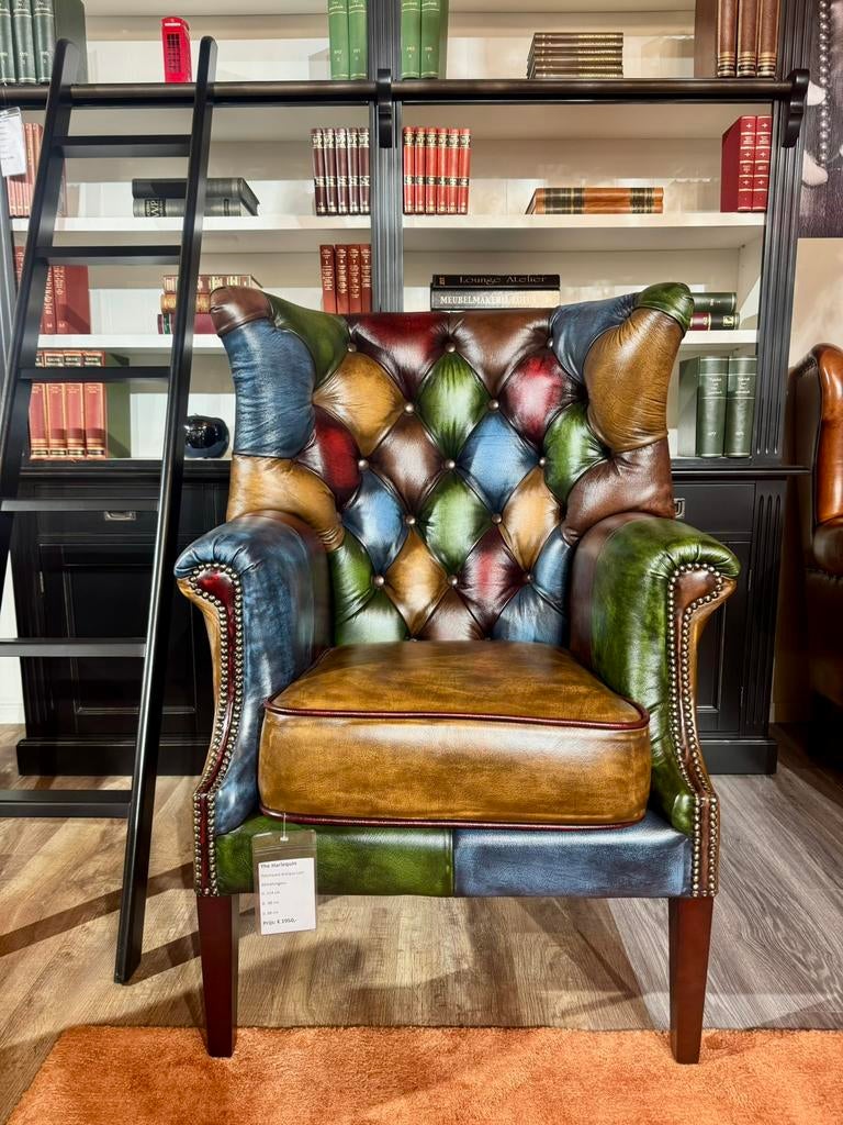 Chesterfield Oorfauteuil Harlequin Patchwork Multicolor Leer, Ophalen of Verzenden, Nieuw, 75 tot 100 cm, Leer