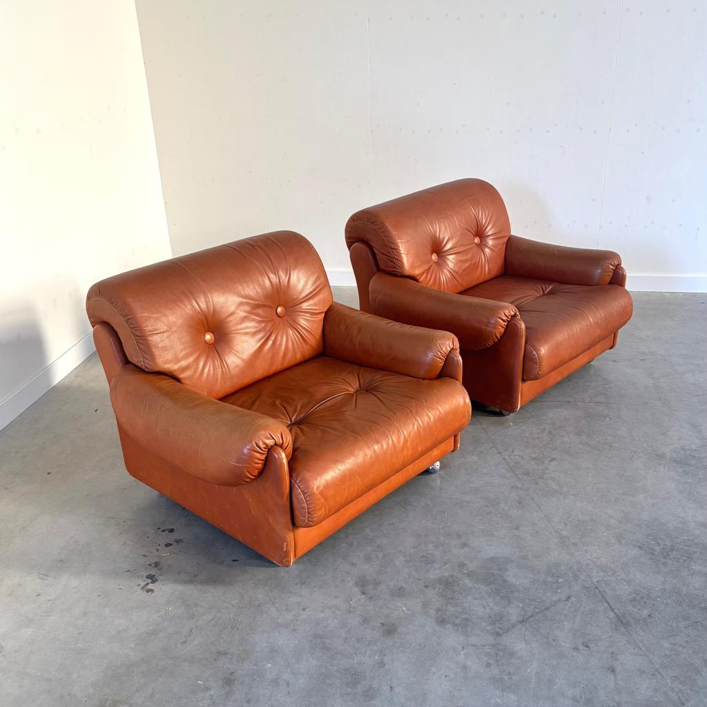 Vintage leren Italiaanse design fauteuils jaren 60 70, Huis en Inrichting, Fauteuils, Ophalen, Gebruikt, 75 tot 100 cm, Italiaans design