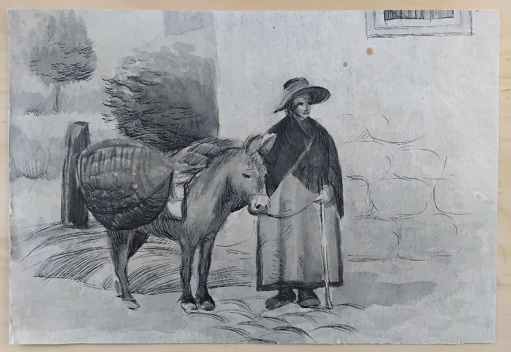 Originele tekening schilderij. Vintage schilderij, Antiek en Kunst, Kunst | Schilderijen | Klassiek, Ophalen of Verzenden
