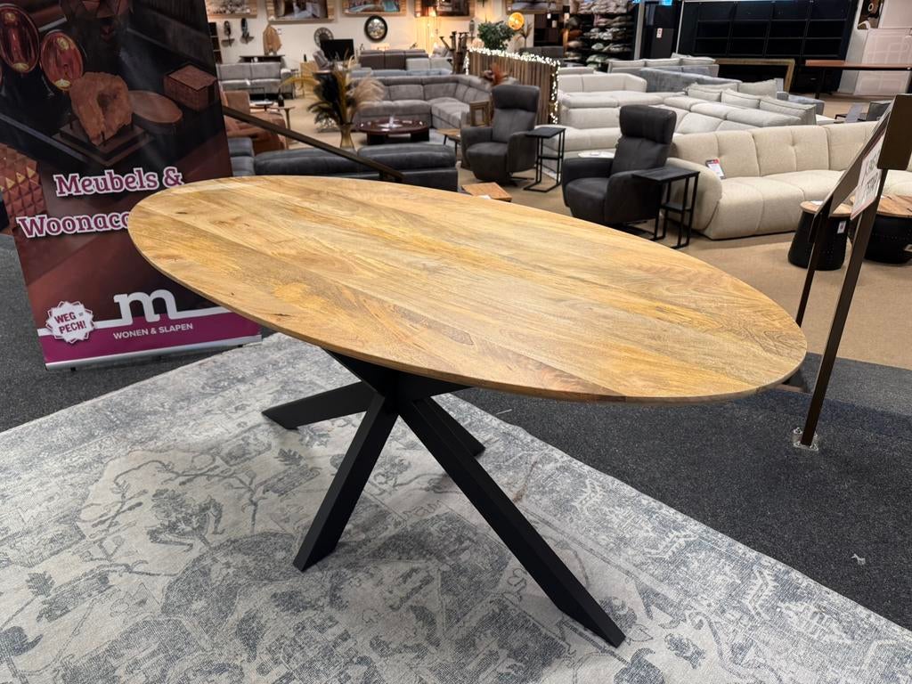 Eettafel Ovaal vlak blad Mango 180 Direct/Leverbaar E-7229, Overige houtsoorten, #Eettafel#Verjongd#Ovaal#Mango#Vlak#Kruispoot