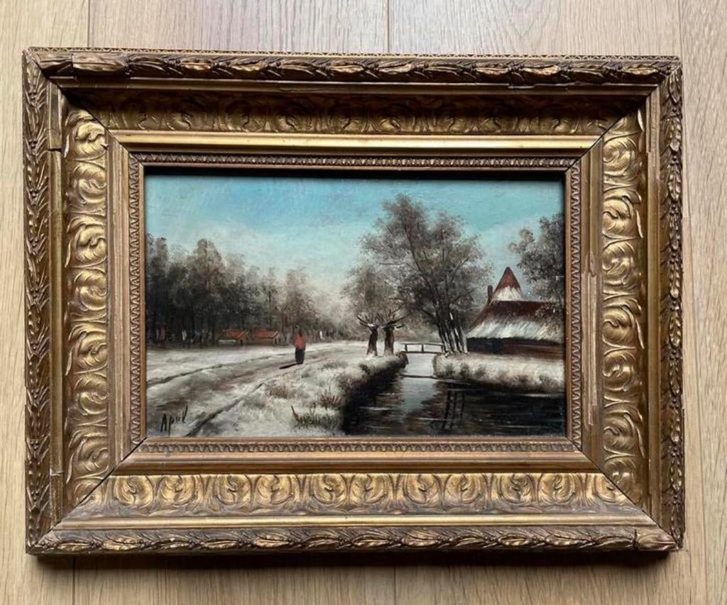 Schilderij op paneel naar Louis Apol in goudkleurige lijst, Antiek en Kunst, Kunst | Schilderijen | Klassiek, Ophalen of Verzenden