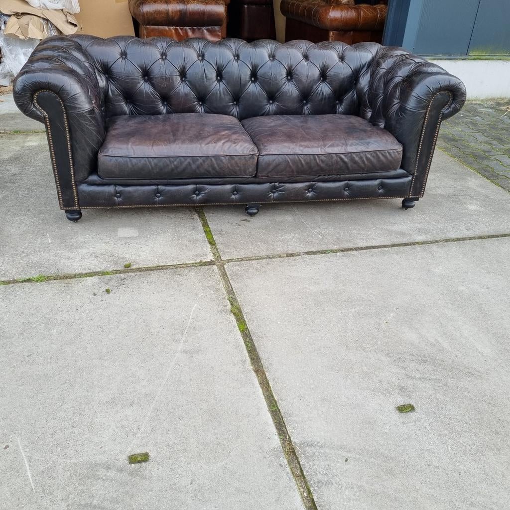 Chesterfield bank vintage black / zwart + GRATIS BEZORGD, Huis en Inrichting, Banken | Bankstellen, Gebruikt, Chesterfield, Leer