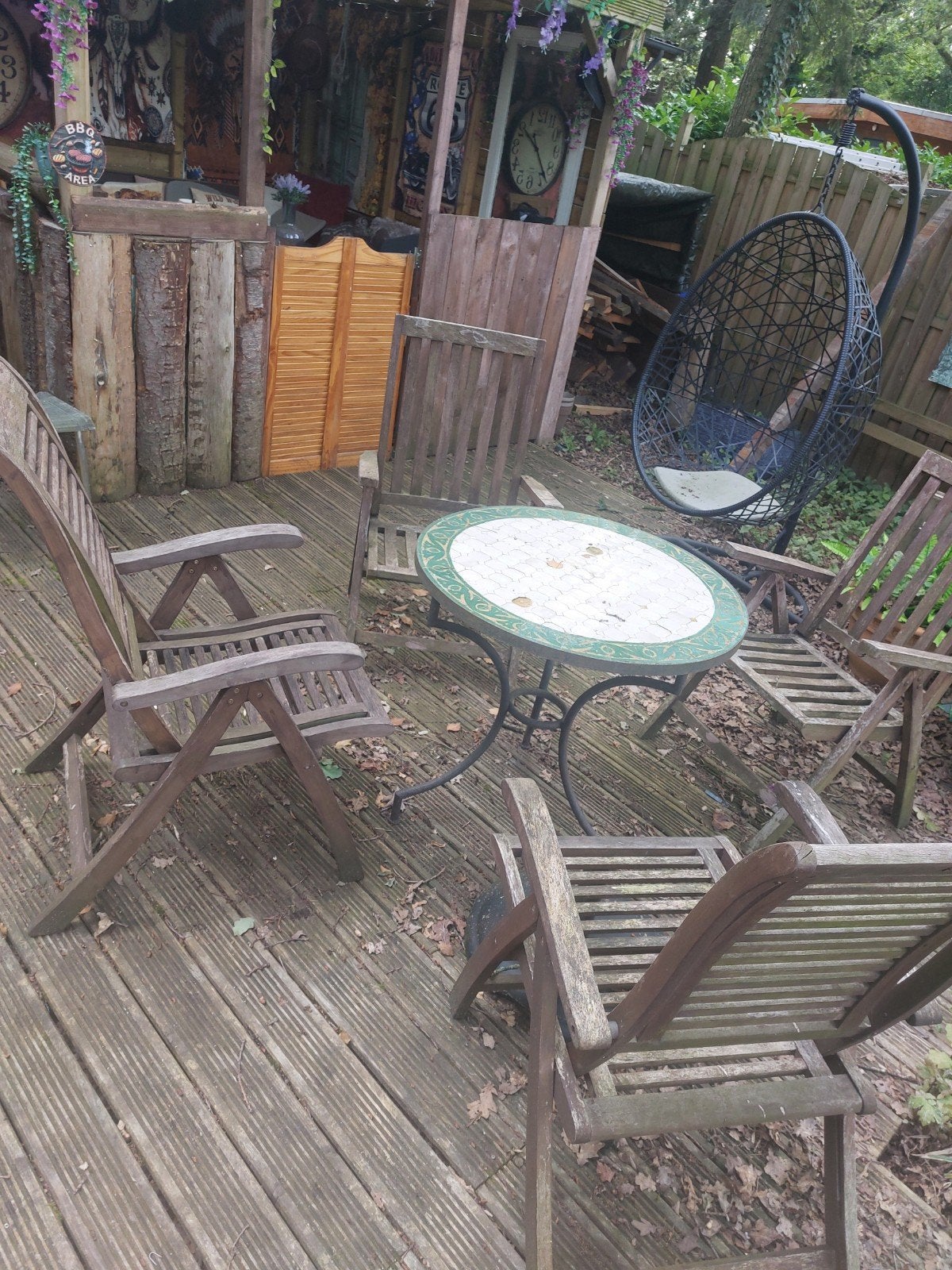 Teakhouten tuinset met mozaïektafel en 4 stoelen, 4 zitplaatsen, Gebruikt, Teakhout, Ophalen of Verzenden