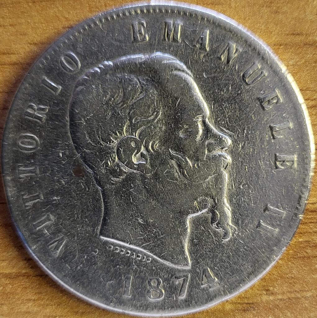 Italië 5 lire 1874 Zilver .900 M BN Milaan KM#8.3 VERY FINE., Ophalen of Verzenden, Italië, Losse munt, Zilver