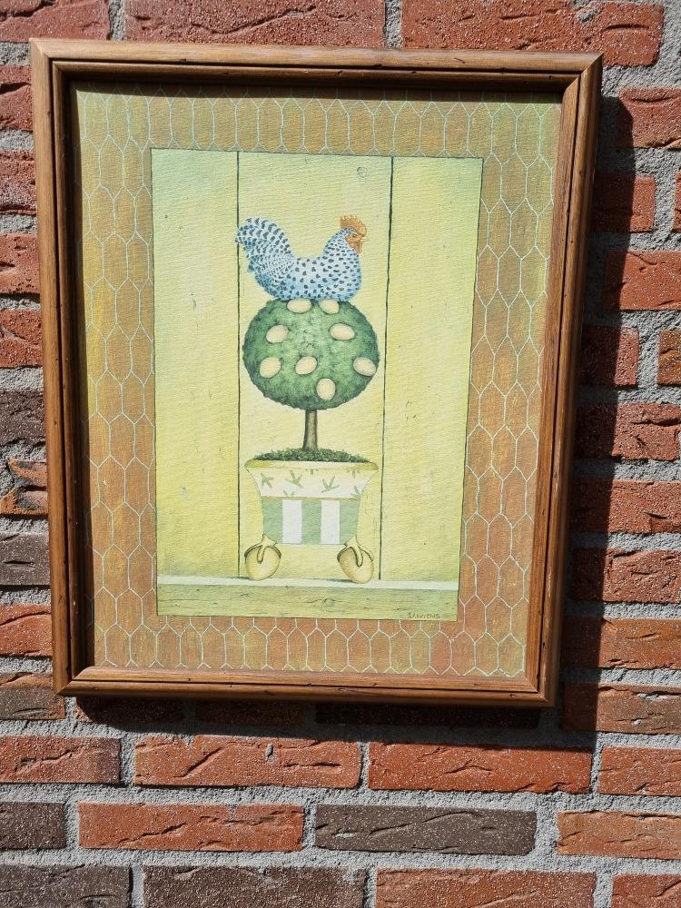 schilderij prent kip met eieren j.wiens, Huis en Inrichting, Woonaccessoires | Schilderijen, Tekeningen en Foto's, Ophalen of Verzenden