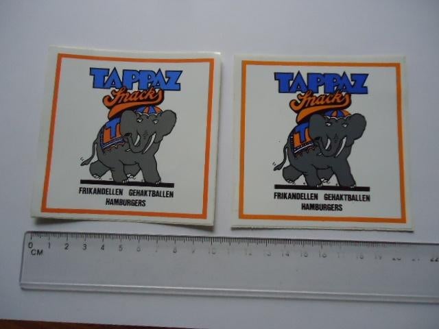 sticker oud Tappaz snacks olifant strip frikandel hamburger, Verzenden, Zo goed als nieuw, Bedrijf of Vereniging