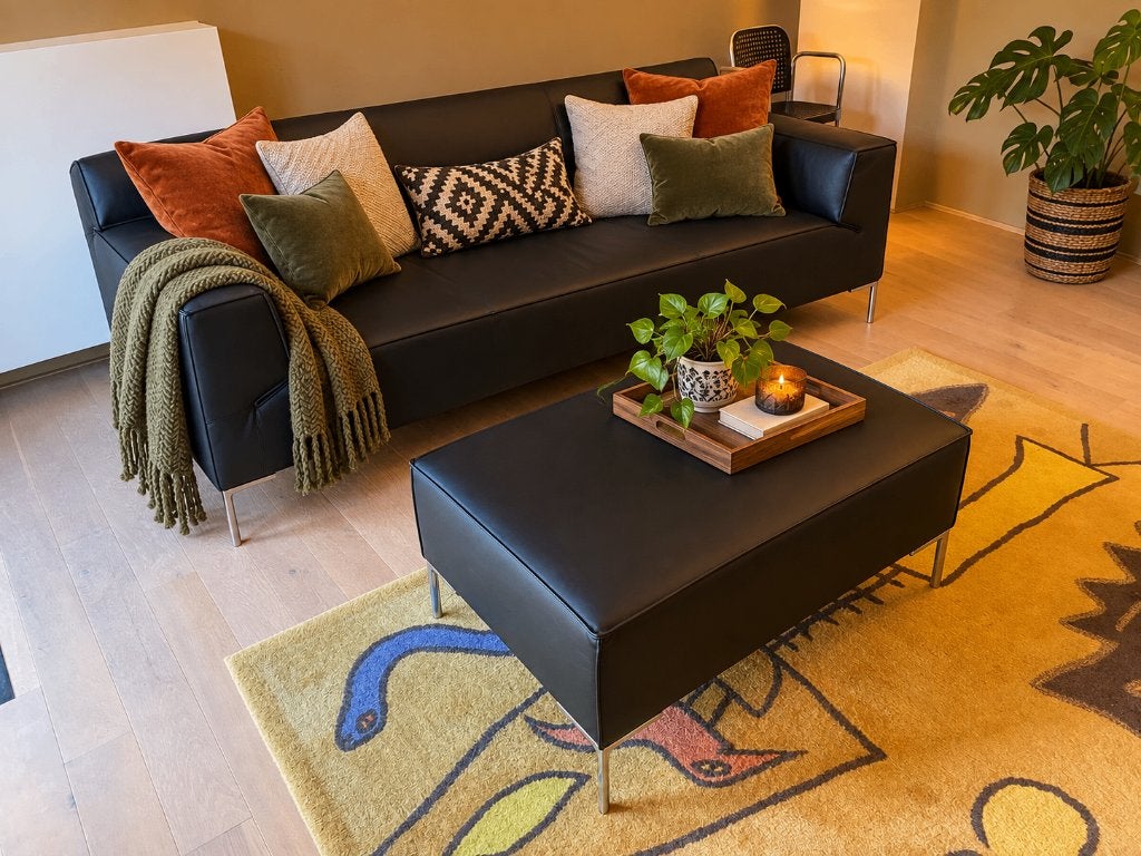 Design on Stock Bloq bank 3 - zits, zwart leer Boca met poef, Huis en Inrichting, Ophalen, Leer, 100 tot 125 cm, Driepersoons