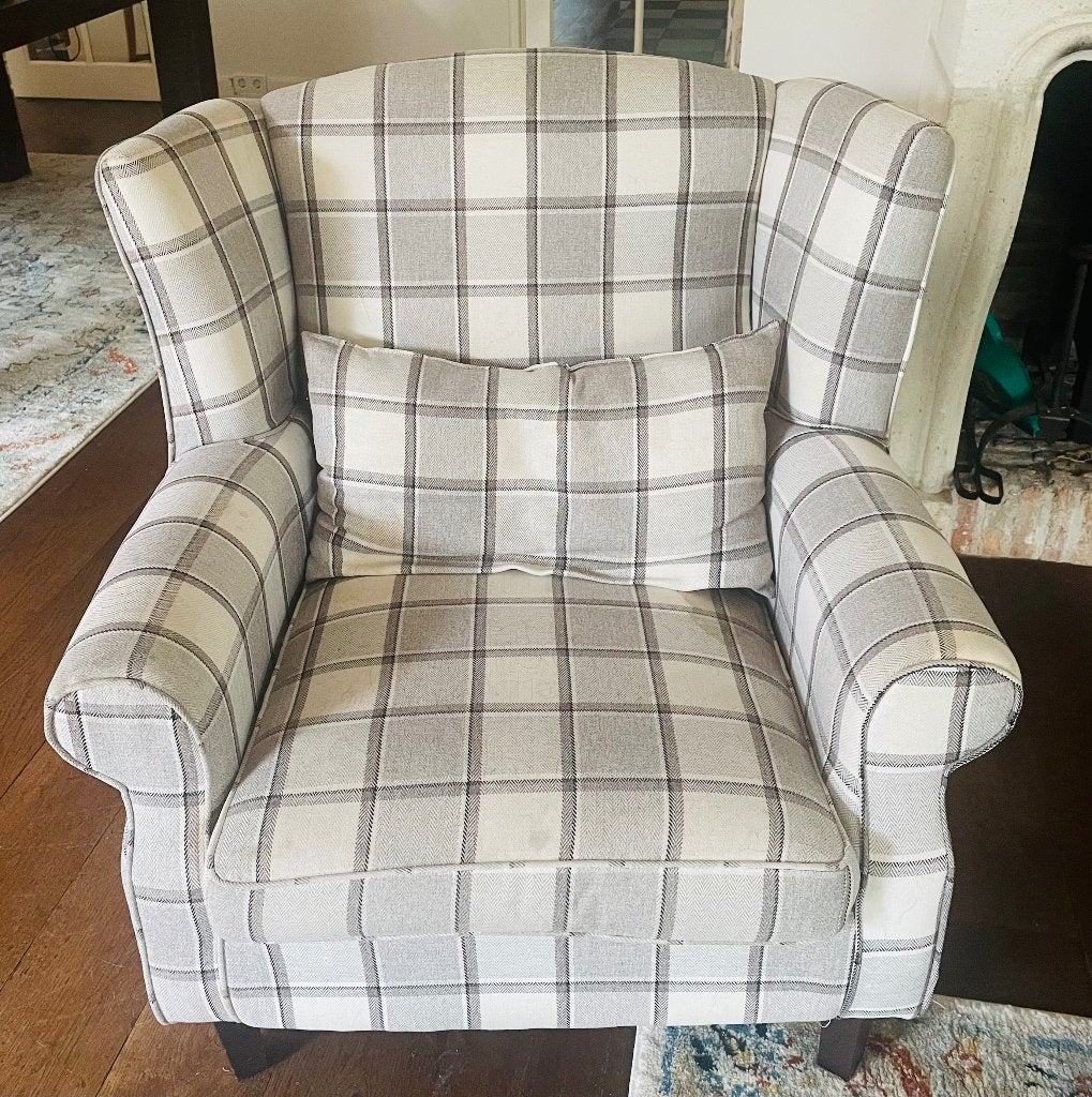 Fauteuil ruit grijs/ecru, Ophalen, 75 tot 100 cm, Zo goed als nieuw, Cottage