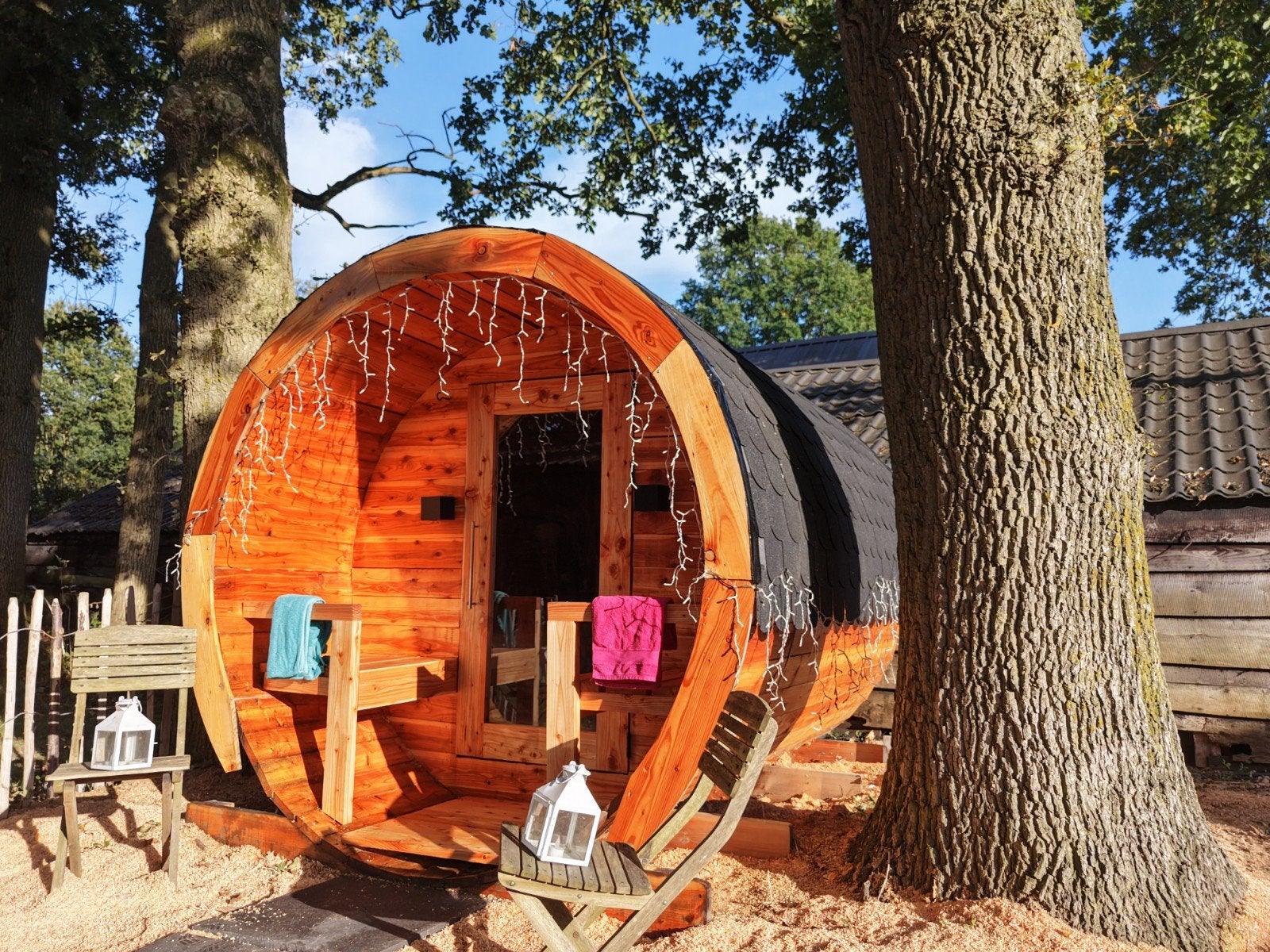 Barrelsauna | ligsauna | buitensauna I 8 pers. | Ø216x282 cm, Ophalen, Zo goed als nieuw, Fins of Traditioneel, Complete sauna