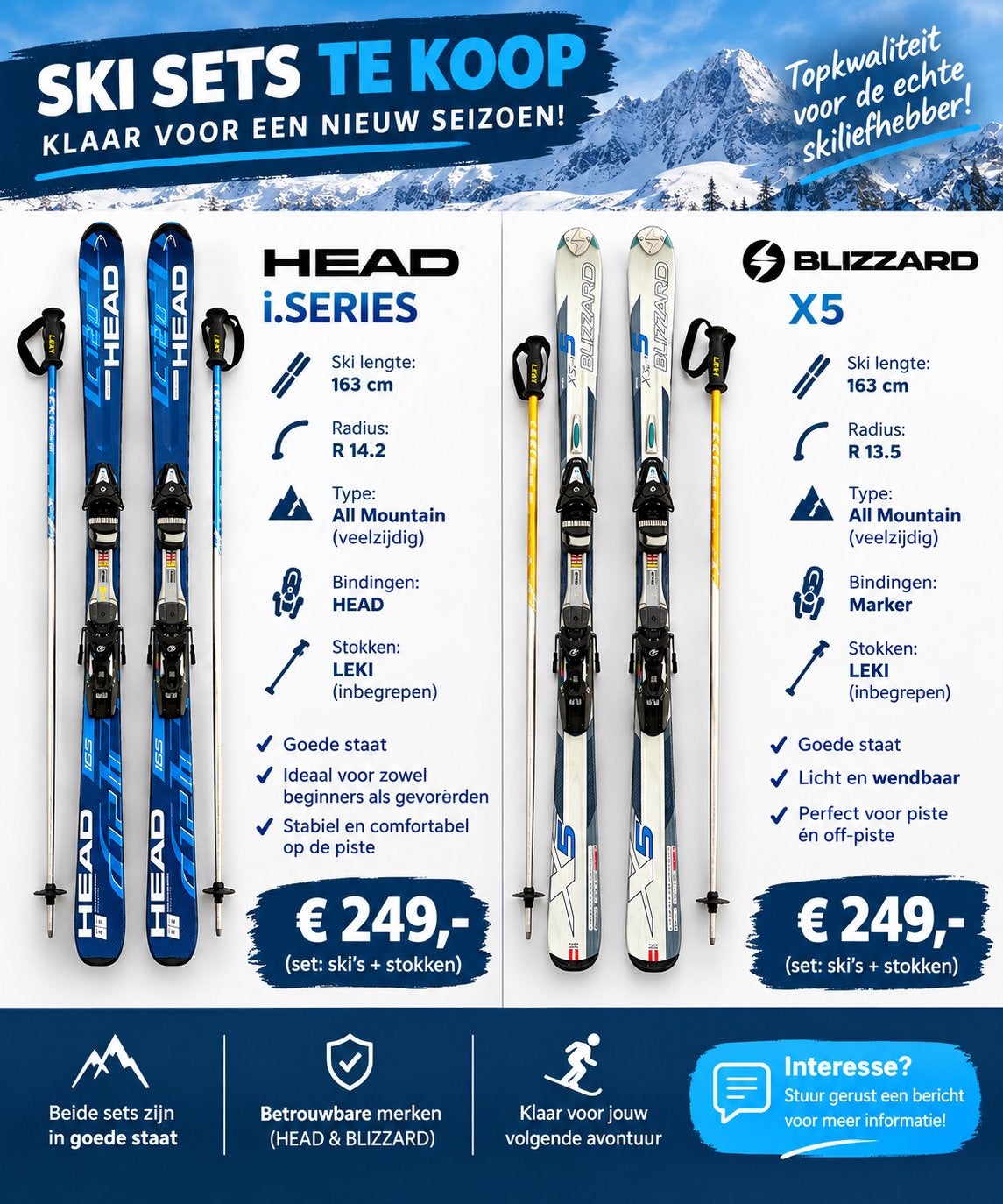 HEAD i.SERIES & BLIZZARD X5 Ski Sets - Inclusief stokken, Ophalen, 160 tot 180 cm, Gebruikt, Skiën