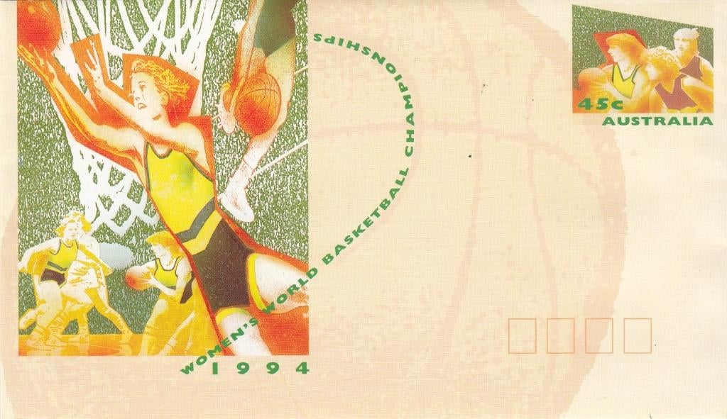 Basketbal cover met ingedrukt zegel Australië '94 ongebruikt, Postzegels en Munten, Brieven en Enveloppen | Buitenland, Ophalen of Verzenden