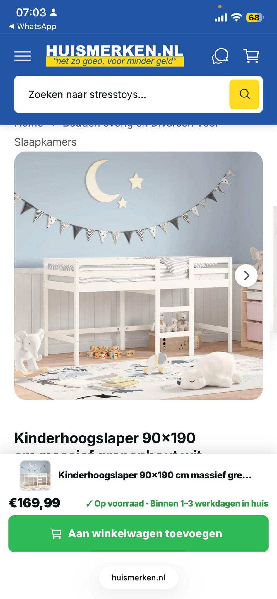 Kinderhoogslaper 190x90, Verzenden